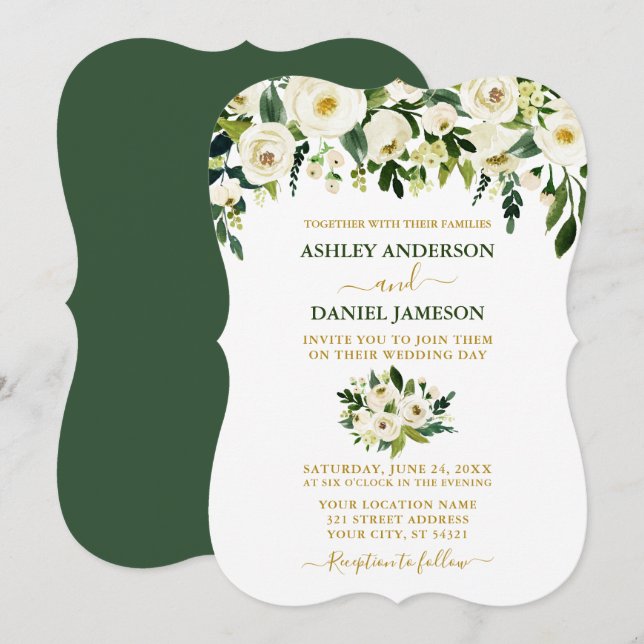 Modern Elegant Green White Floral Gold Wedding Invitation (Front/Back)
