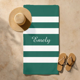 Modern Elegant Green White Stripes Pattern Name Beach Towel