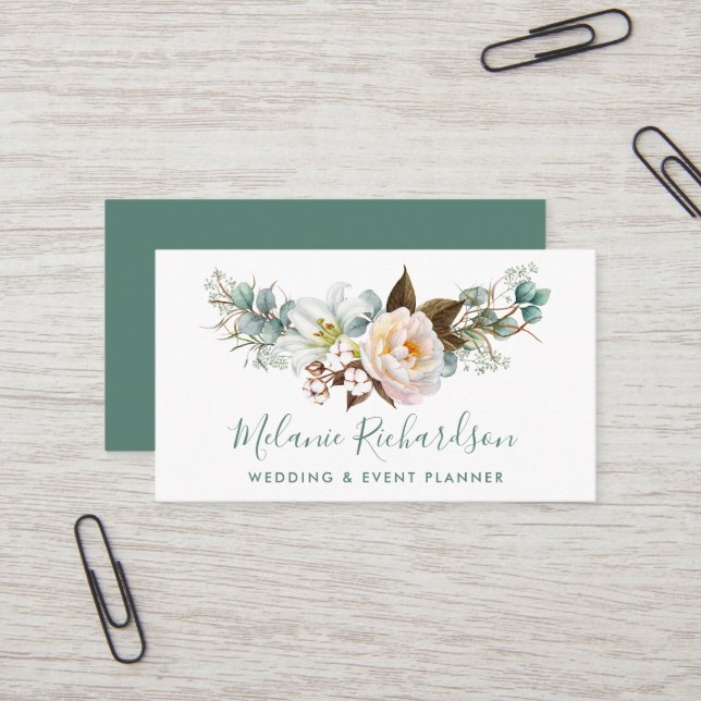 Modern Elegant Greenery Botanical Floral Green Business Card (Front/Back In Situ)