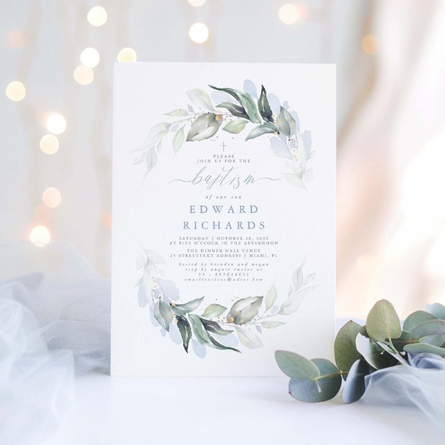 Modern Elegant Greenery Dusty Blue Baptism Invitation (Dusty Blue Baptism Invitations)