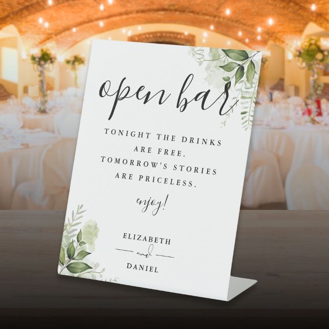 Modern Elegant Greenery Floral Open Bar Pedestal Sign (Modern Elegant Greenery Floral Open Bar Pedestal Sign)