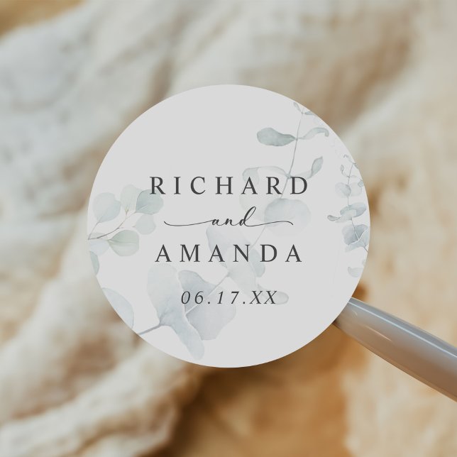 Modern Elegant Greenery Minimalist Wedding Classic Round Sticker (Creator Uploaded)