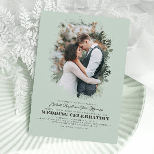 Modern Elegant Greenery Photo Overlay Wedding Invitation