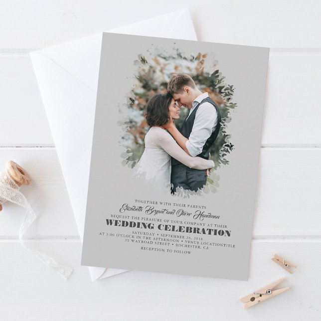 Modern Elegant Greenery Photo Overlay Wedding Invitation (Creator Uploaded)