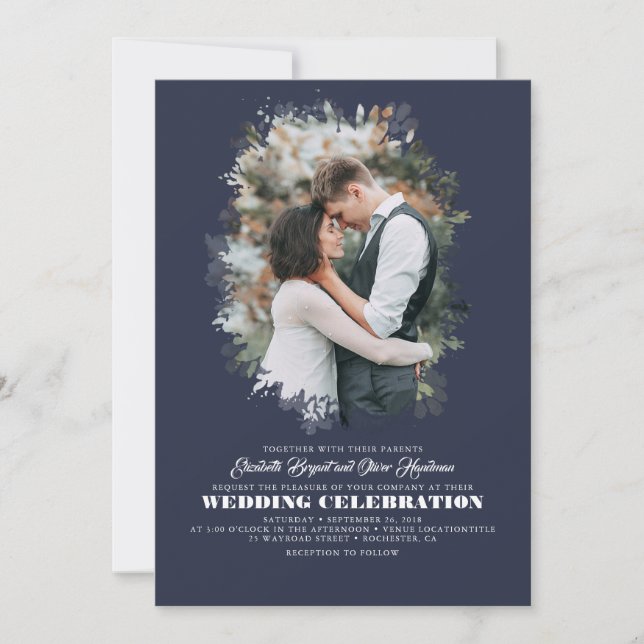 Modern Elegant Greenery Photo Overlay Wedding Invitation (Front)