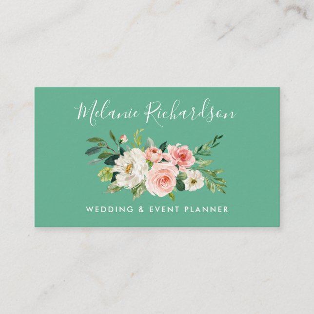 Modern Elegant Greenery Pink Floral Neo Mint Business Card (Front)