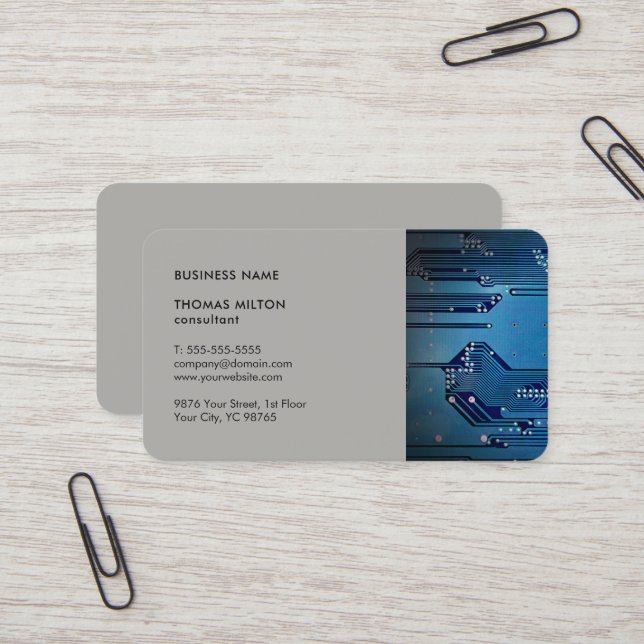 Modern Elegant Grey Blue Circuit Computer Repair Business Card (Front/Back In Situ)