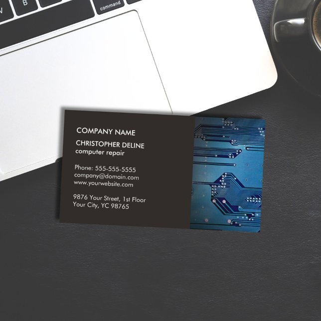 Modern Elegant Grey Blue Circuit Computer Repair Business Card (Creator Uploaded)