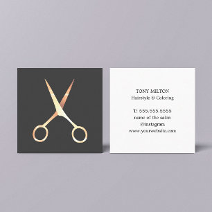 Modern Elegant Grey Faux Gold Scissors HairStylist Square Business Card