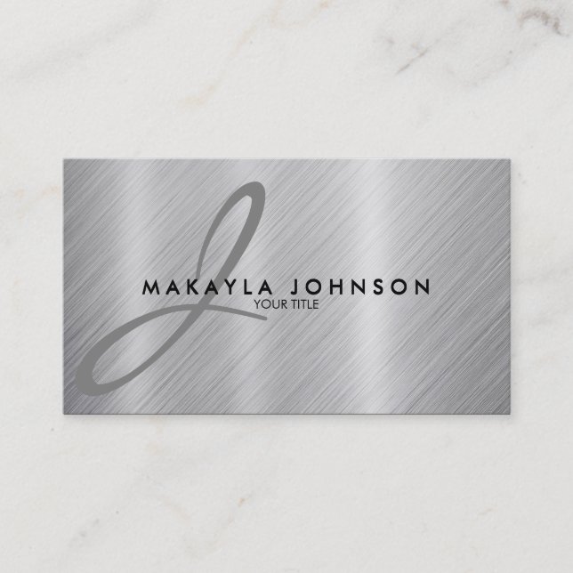 Modern & Elegant Grey Monogram Brushed Aluminium Business Card (Front)
