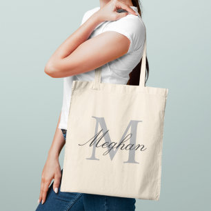 Modern Elegant Grey Monogram Initial Name Tote Bag