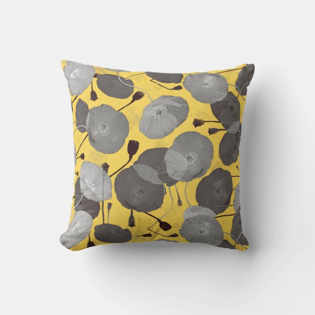 Modern Elegant Grey Poppy Flowers Mustard Yellow Cushion (Front)