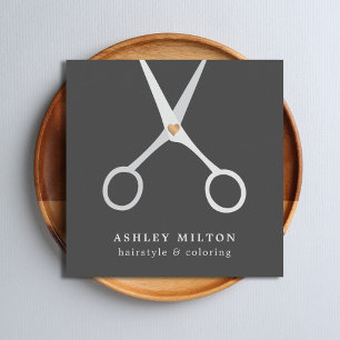 Modern Elegant Grey Silver Scissors Hair Stylist Square Business Card