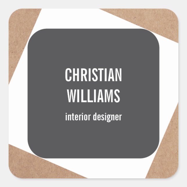 Modern Elegant Grey White Kraft Paper Name Square Sticker (Front)