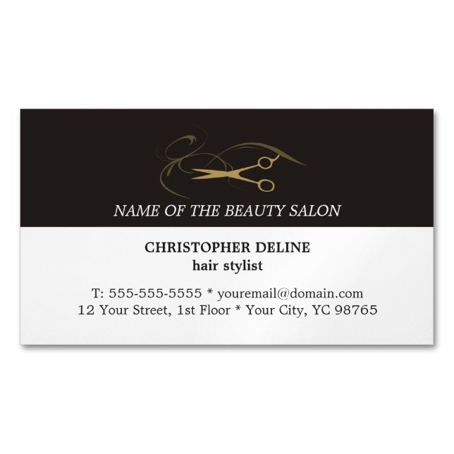 Modern Elegant Grey White Scissor Hair Stylist Magnetic Business Card (Front)