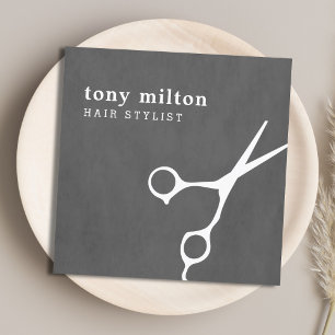 Modern Elegant Grey White Scissors Hair Stylist Square Business Card