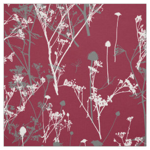 Modern Elegant Grey Wildflowers on Burgundy Red  F Fabric