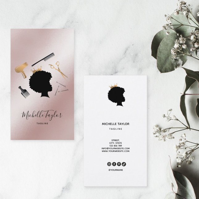 Modern Elegant Hairstylist Afro American Woman Bus Business Card (african woman hair profile silhouette surrounded by hair stylist tools)