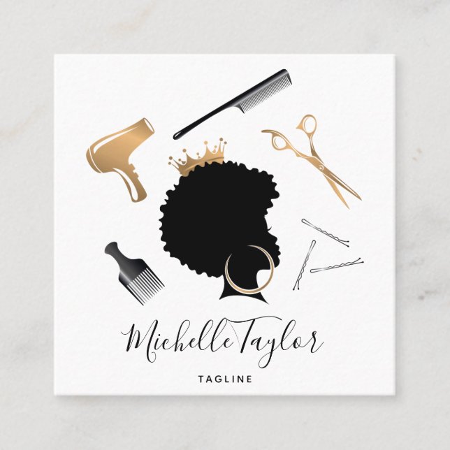Modern Elegant Hairstylist Afro American Woman Square Business Card (Front)