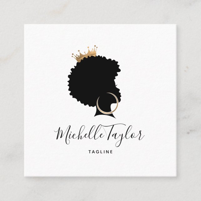 Modern Elegant Hairstylist Afro American Woman Square Business Card (Front)