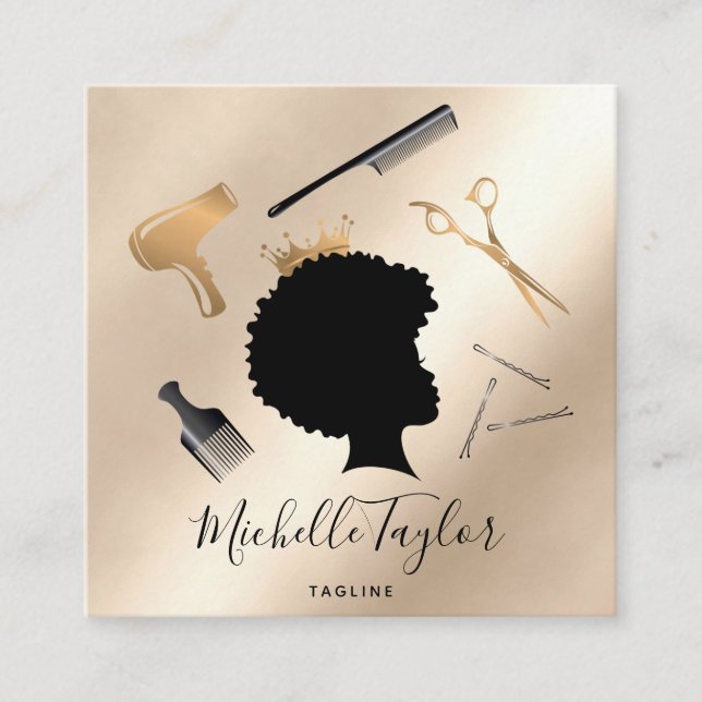Modern Elegant Hairstylist Afro American Woman Square Business Card (Front)