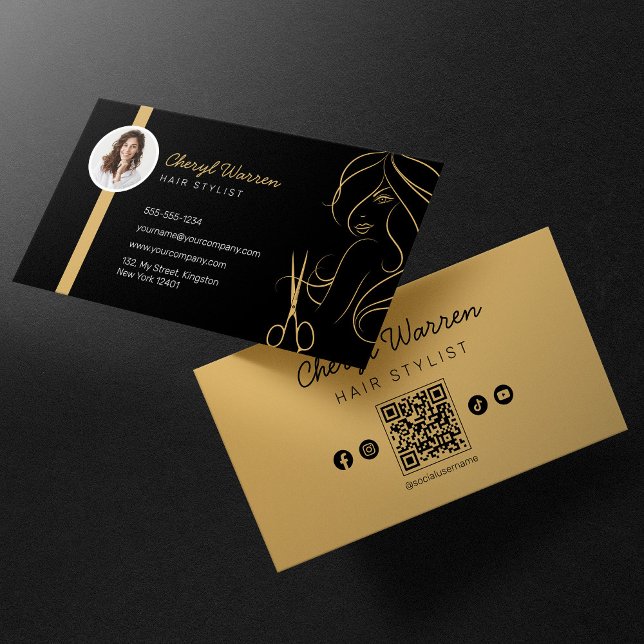 Modern Elegant Hairstylist Photo Black QR Code Business Card (Creator Uploaded)