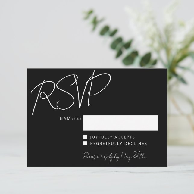 Modern Elegant Handwriting Black Chic Wedding RSVP Card (Standing Front)