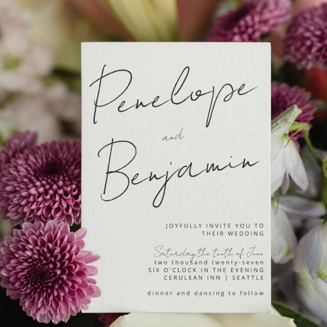 Modern Elegant Handwriting Black White Wedding  Invitation (Creator Uploaded)