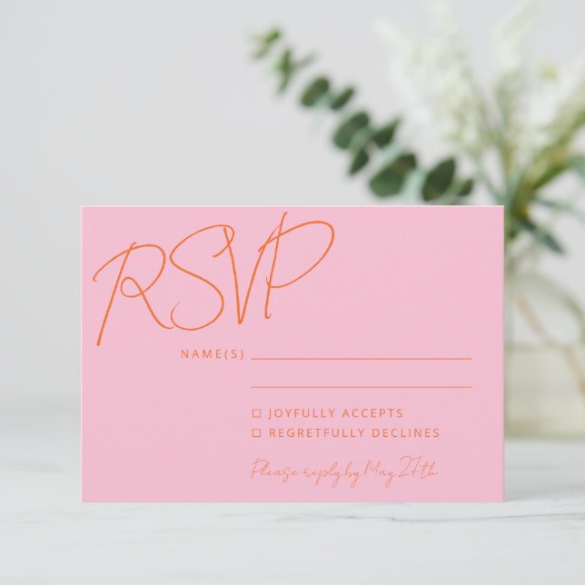 Modern Elegant Handwriting Pink Orange Wedding  RSVP Card (Standing Front)