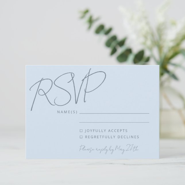 Modern Elegant Handwriting Soft Blue Wedding  RSVP Card (Standing Front)