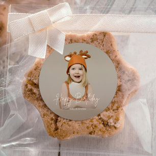 Modern Elegant Happy Birthday Photo Round Sticker