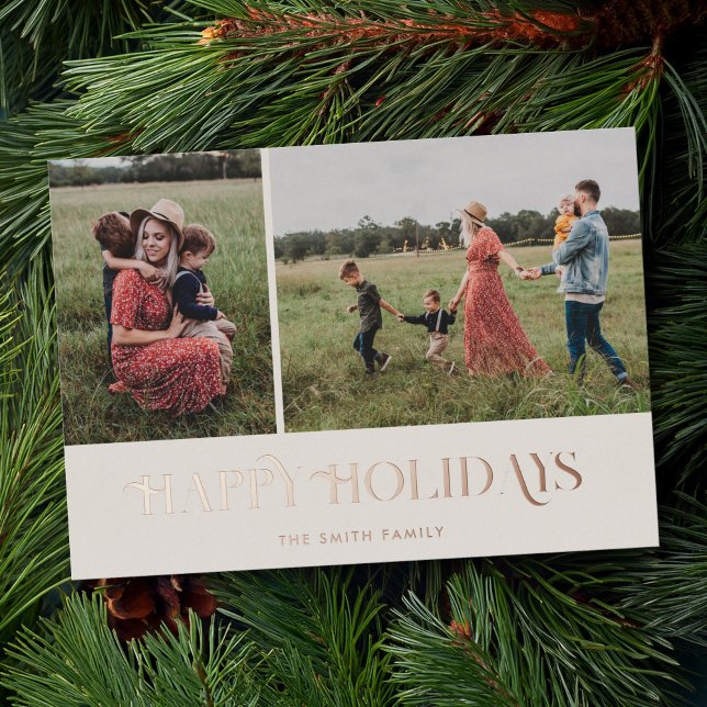 Modern Elegant Happy Holidays 2 Photo Foil Holiday Card (Creator Uploaded)