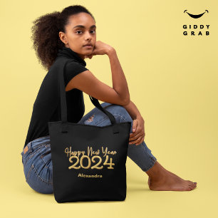 Modern Elegant Happy New Year 2024 Black Tote Bag