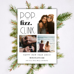 Modern Elegant Happy New Year 3 Photo Friends Holiday Card