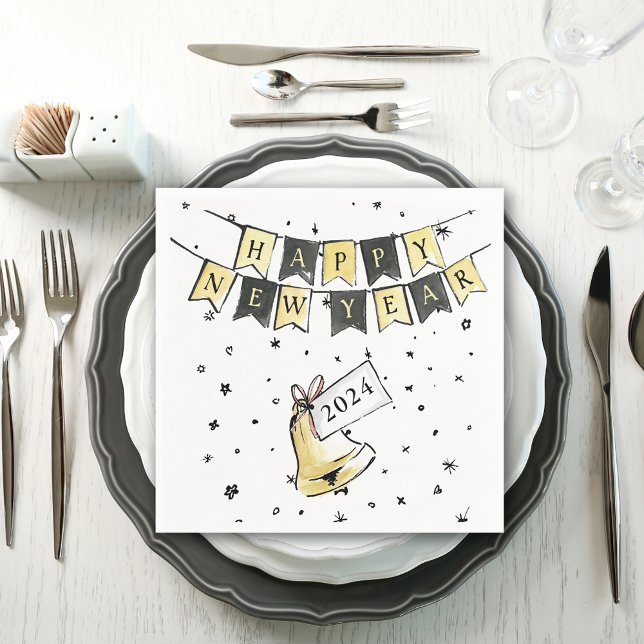 Modern Elegant Happy New Year Black Gold Party Napkin (Creator Uploaded)