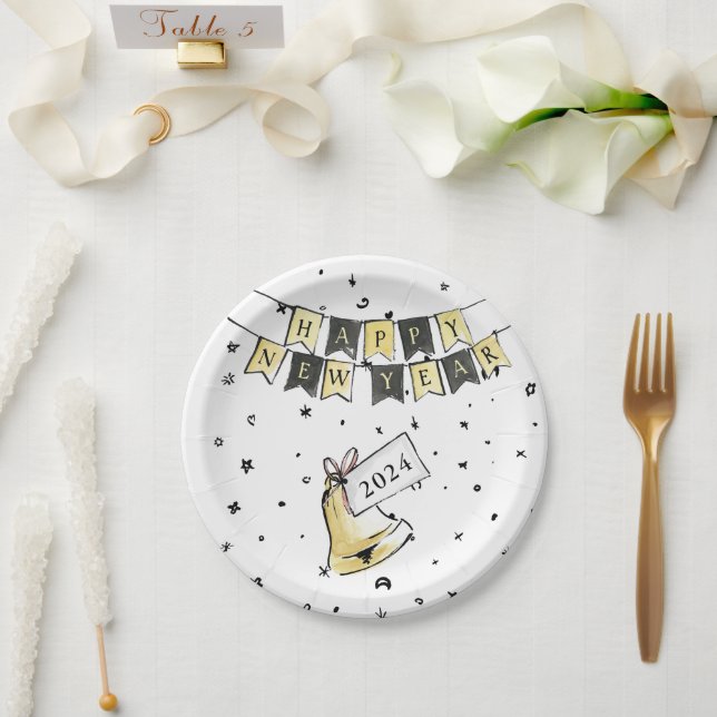 Modern Elegant Happy New Year Black Gold Party Paper Plate (Wedding)