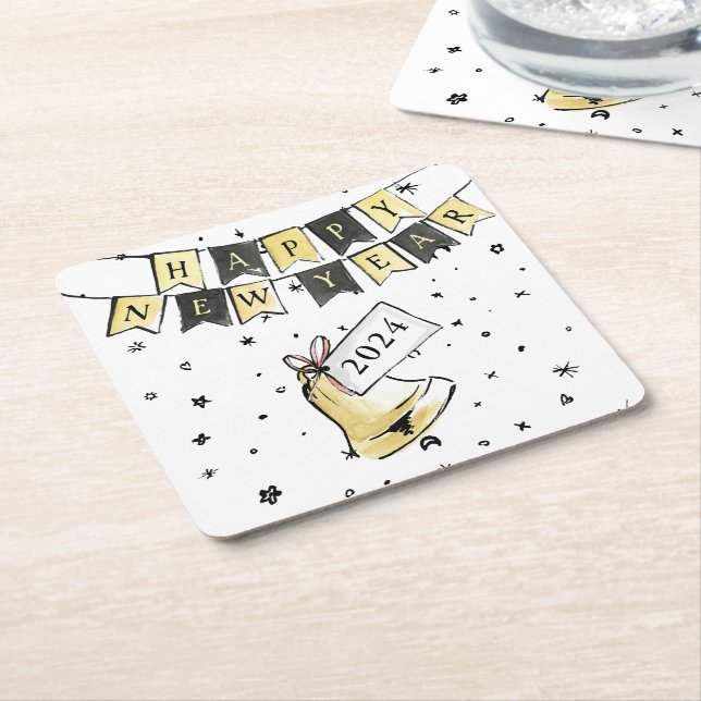Modern Elegant Happy New Year Black Gold Party Square Paper Coaster (Angled)