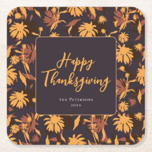 Modern Elegant Happy Thanksgiving Coneflowers Square Paper Coaster