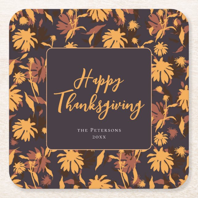 Modern Elegant Happy Thanksgiving Coneflowers Square Paper Coaster (Front)