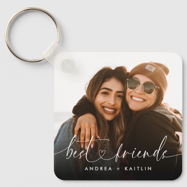 Modern Elegant Heart Script Bestfriends BFF Photo Key Ring (Front)