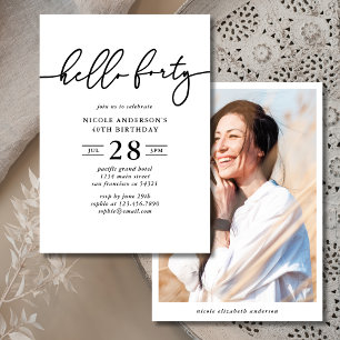 Modern Elegant Hello Forty 40th Photo Birthday Invitation