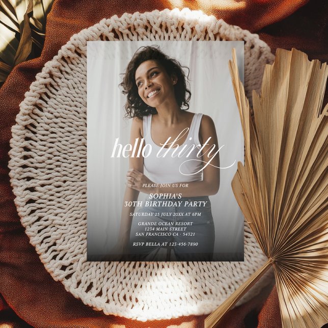 Modern Elegant Hello Thirty Birthday Photo Script  Invitation (Creator Uploaded)