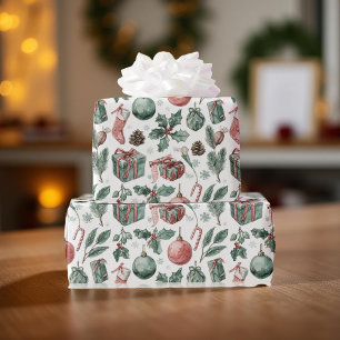 Modern Elegant Holiday Vintage Patterns Pine Berry Wrapping Paper