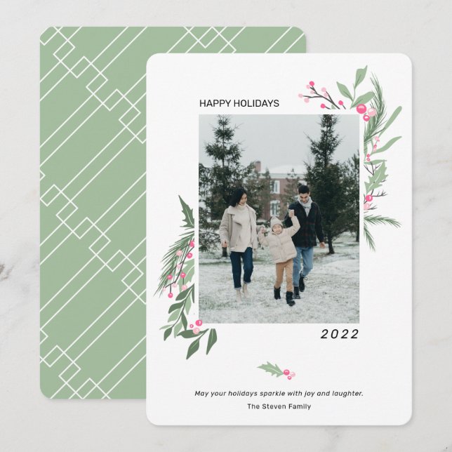 Modern elegant holly berries Christmas photo Holiday Card (Front/Back)