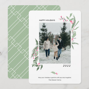 Modern elegant holly berries Christmas photo Holiday Card