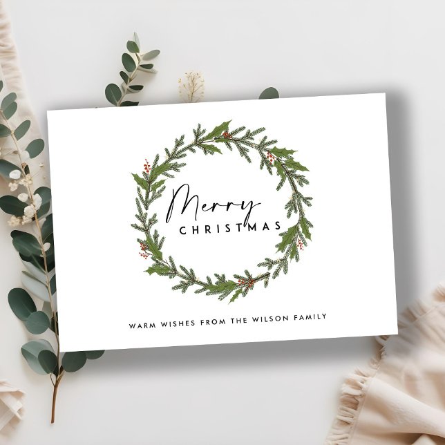 MODERN ELEGANT HOLLY BERRY WREATH MERRY CHRISTMAS HOLIDAY CARD (Creator Uploaded)