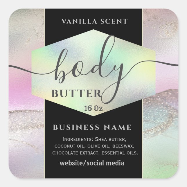 Modern elegant holograph script body butter label (Front)