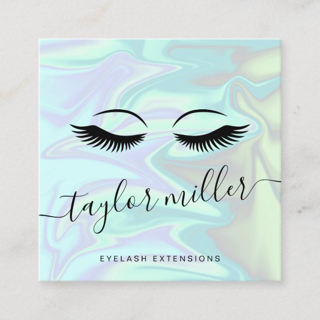 Modern elegant holographic eyelash extensions square business card (Front)