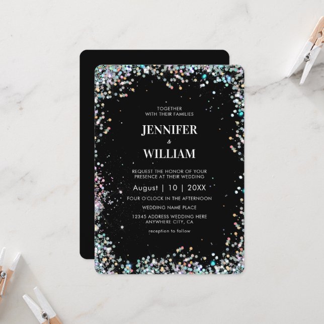 Modern Elegant Holographic Glitter Black Wedding Invitation (Front/Back In Situ)