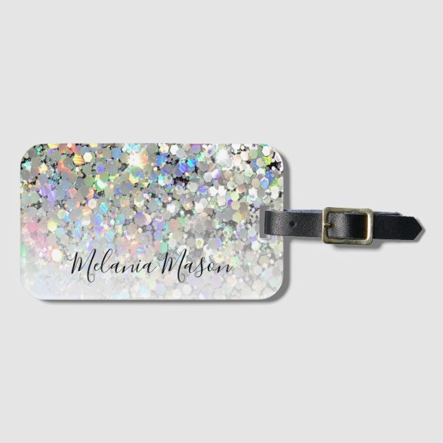 Modern Elegant Holographic Glitter Custom Girly  Luggage Tag (Front Horizontal)